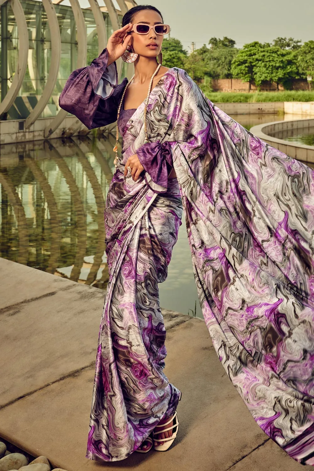 Stunning Purple Satin Crepe Saree With Digital Print