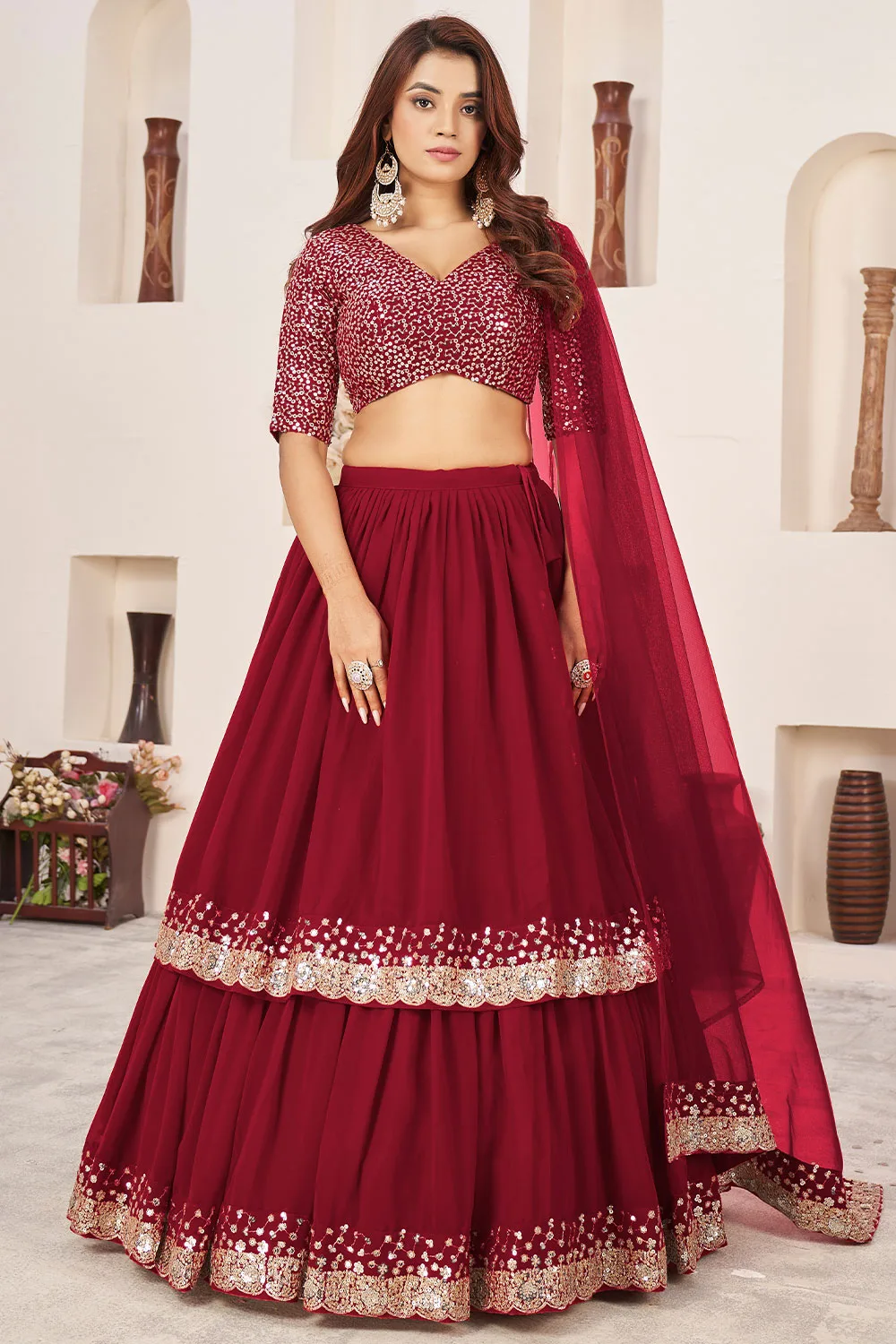 Stunning Red Georgette Lehenga Set with Sequins Zari Embroidery