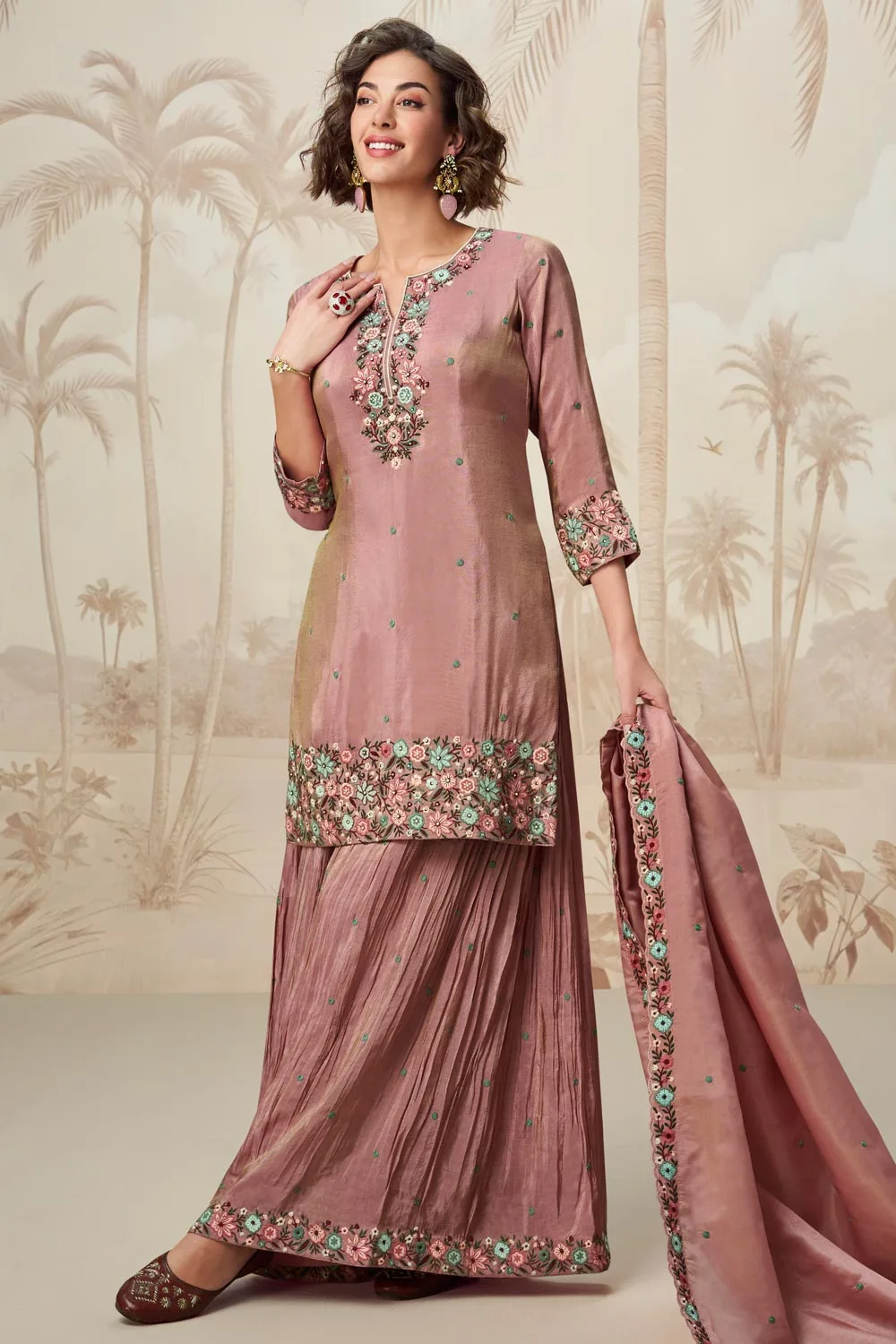 Blush Pink Floral Plazo Suit with Organza Simmer Silk Dupatta | Khaish Blush Pink Floral Plazo Suit with Organza Simmer Silk Dupatta | Khaish