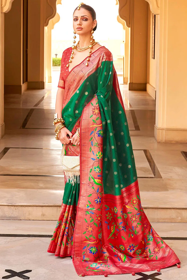 Beautiful Super Patola Silk Saree in Orange and Green with Paithani Design and Apoxy Finish Beautiful Super Patola Silk Saree in Orange and Green with Paithani Design and Apoxy Finish