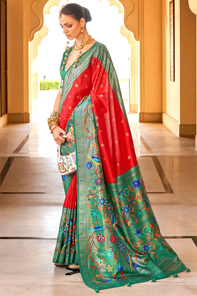 Festive Super Patola Silk Saree in Orange and Green with Paithani Design and Apoxy Finish Festive Super Patola Silk Saree in Orange and Green with Paithani Design and Apoxy Finish