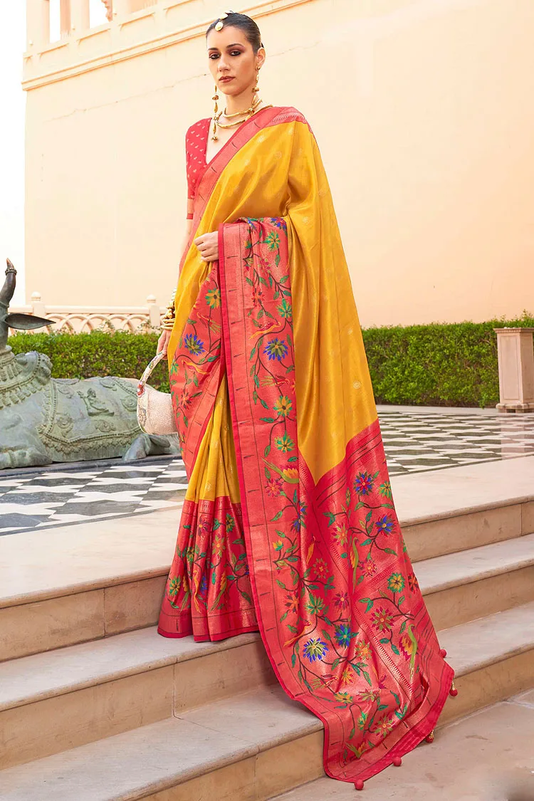 Festive Super Patola Silk Saree in Orange and Yellow with Paithani Design and Apoxy Finish Festive Super Patola Silk Saree in Orange and Yellow with Paithani Design and Apoxy Finish