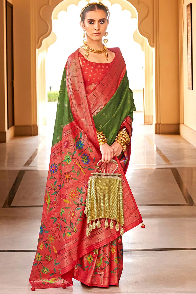 Stunning Super Patola Silk Saree in Orange and Green with Paithani Design and Apoxy Finish Stunning Super Patola Silk Saree in Orange and Green with Paithani Design and Apoxy Finish
