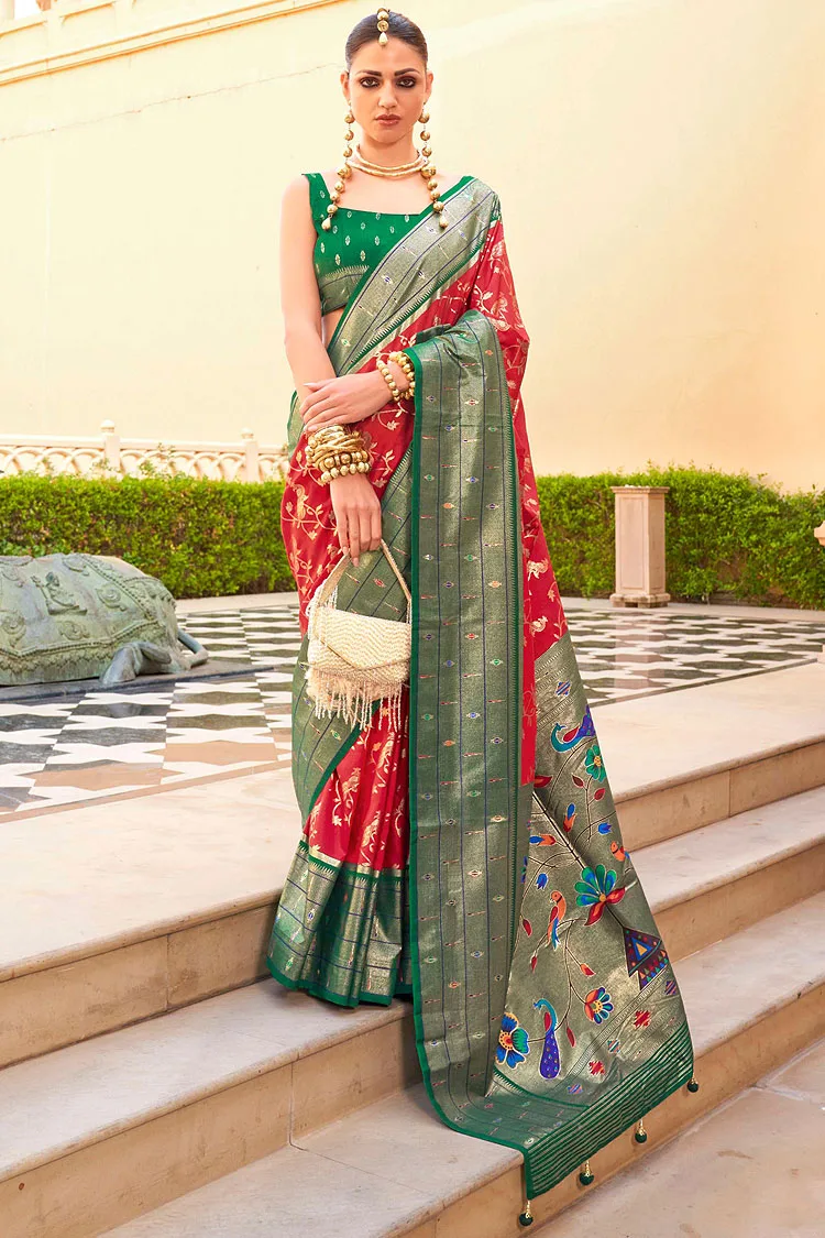 Beautiful Super Patola Silk Saree in Orange and Dusty Green with Paithani Design and Apoxy Finish Beautiful Super Patola Silk Saree in Orange and Dusty Green with Paithani Design and Apoxy Finish