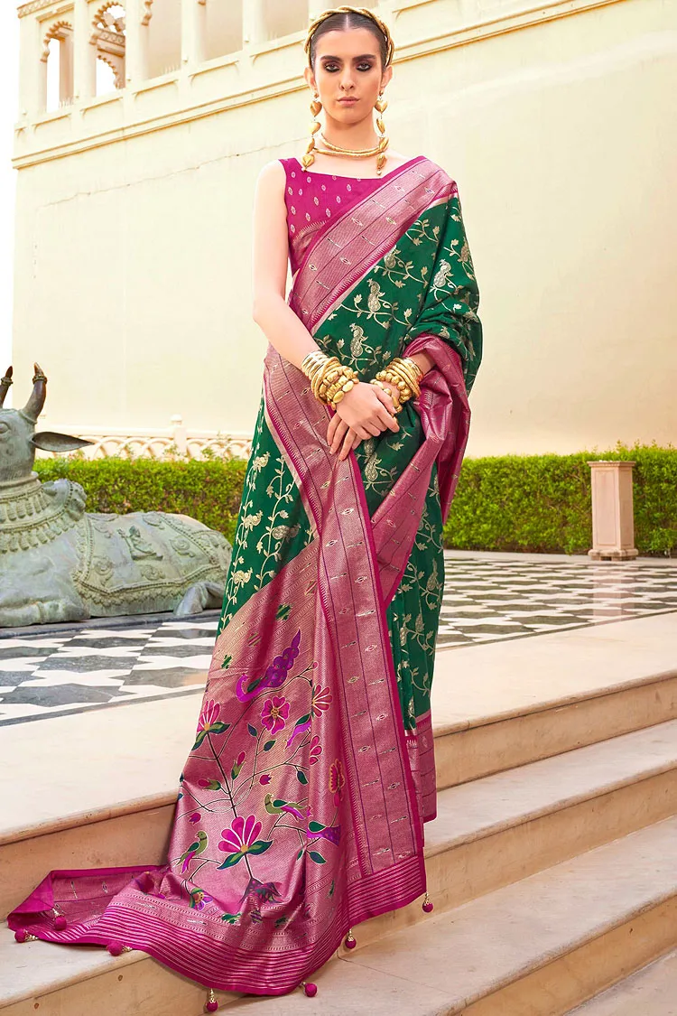 Festive Super Patola Silk Saree in Green and Pink with Paithani Design and Apoxy Finish Festive Super Patola Silk Saree in Green and Pink with Paithani Design and Apoxy Finish