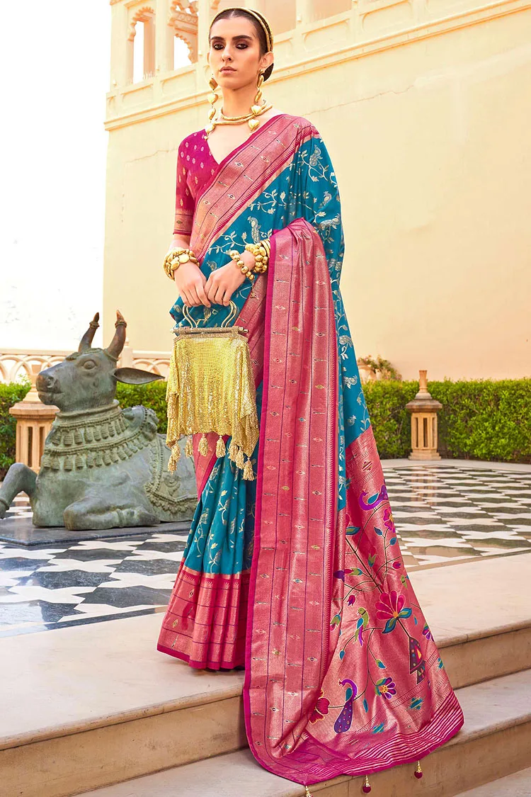 Festive Super Patola Silk Saree in Pink and Turquoise with Paithani Design and Apoxy Finish Festive Super Patola Silk Saree in Pink and Turquoise with Paithani Design and Apoxy Finish