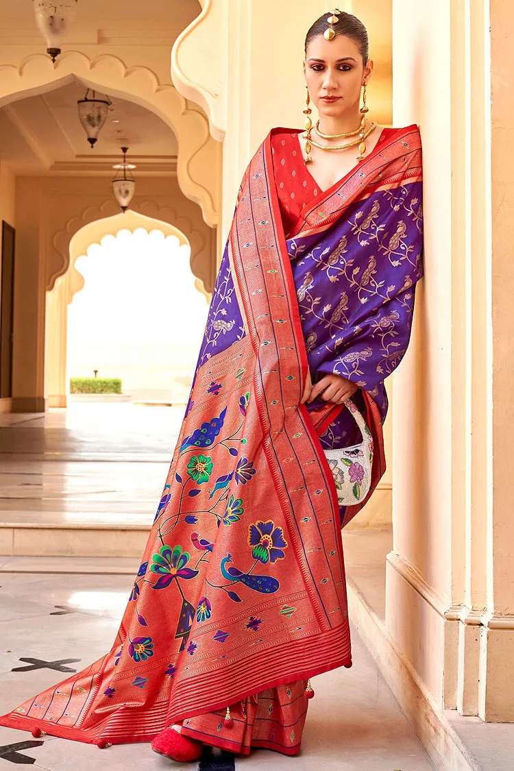 Stunning Super Patola Silk Saree in Orange and Purple with Paithani Design and Apoxy Finish Stunning Super Patola Silk Saree in Orange and Purple with Paithani Design and Apoxy Finish
