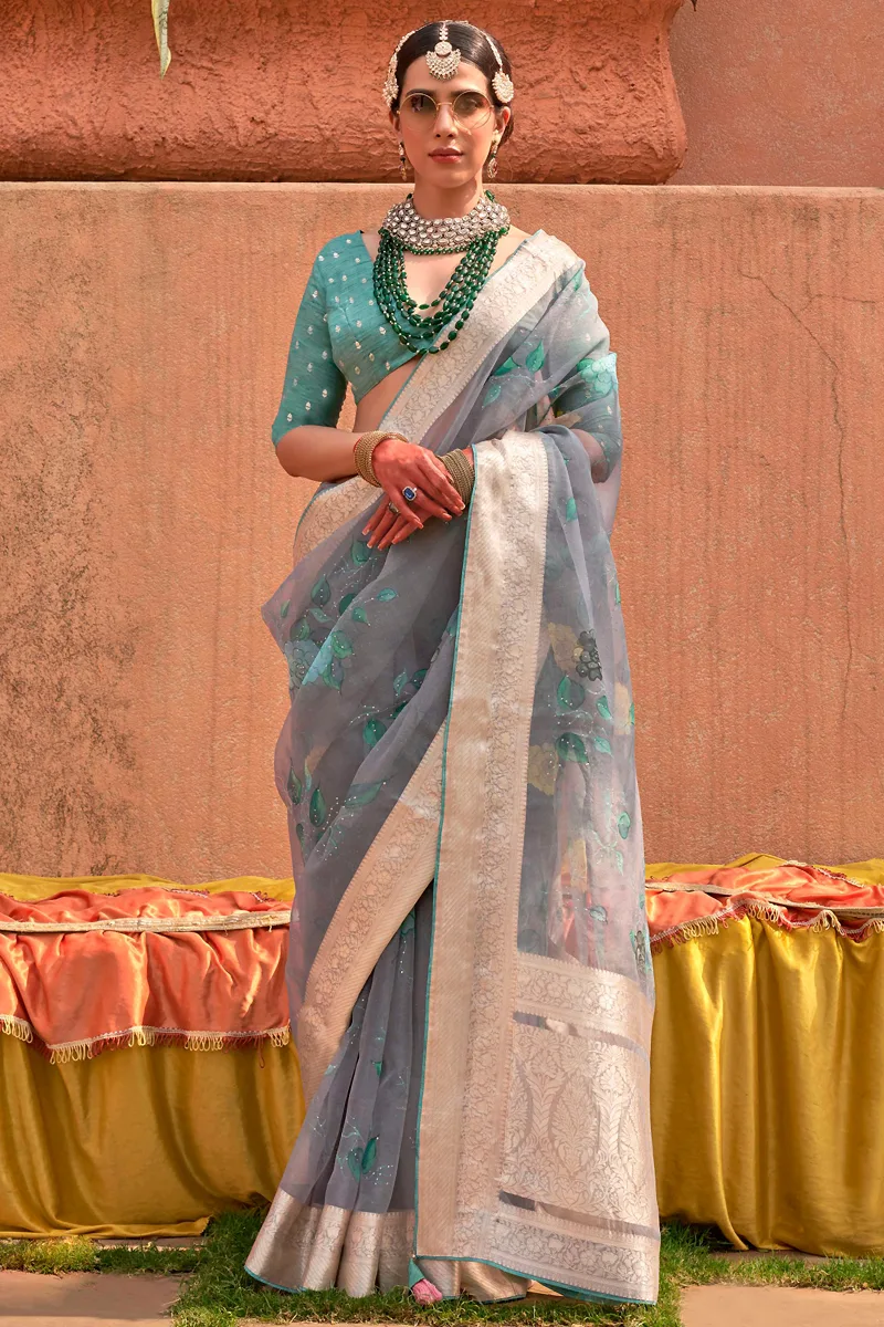 Light Blue and Turquoise Beautiful Organza Silk Saree with Digital Water Print Light Blue and Turquoise Beautiful Organza Silk Saree with Digital Water Print