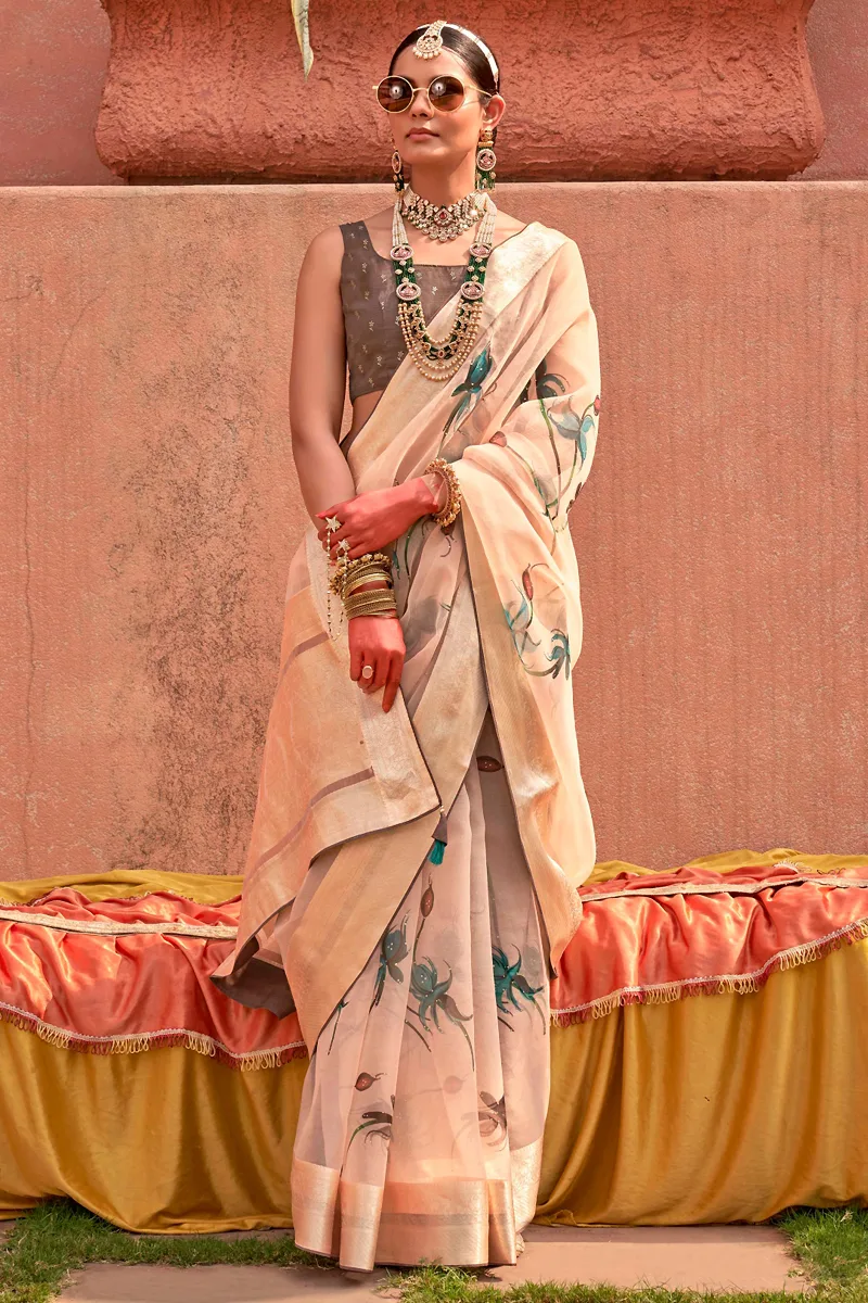 Earthy Elegance: Light Gold Floral Saree with Warm Brown Blouse Earthy Elegance: Light Gold Floral Saree with Warm Brown Blouse