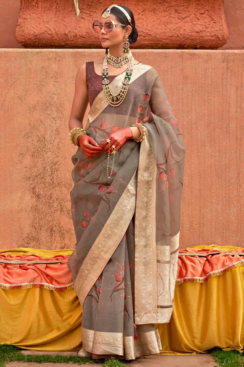 Enchanting Echoes: A Saree in Plum with Whispers of Grey Enchanting Echoes: A Saree in Plum with Whispers of Grey