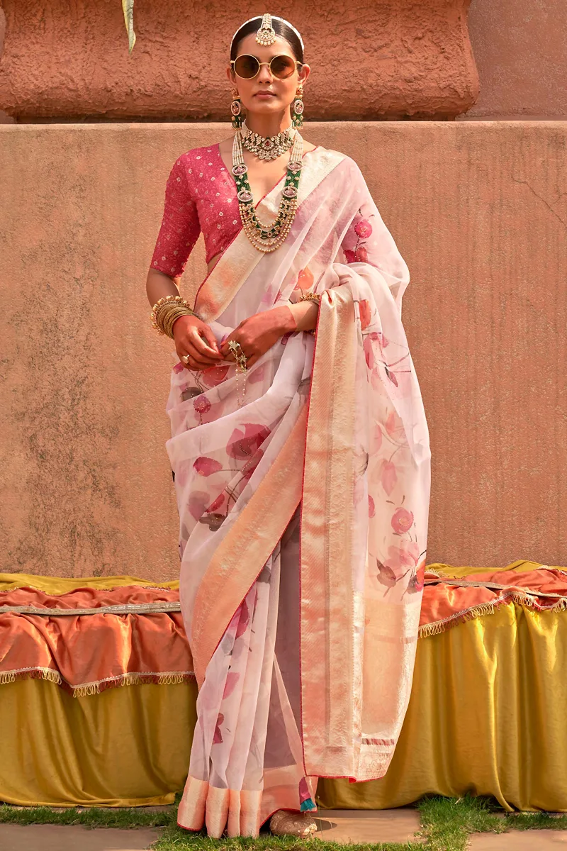 Organza Silk Saree in Blushing Pink with Floral Whispers Organza Silk Saree in Blushing Pink with Floral Whispers