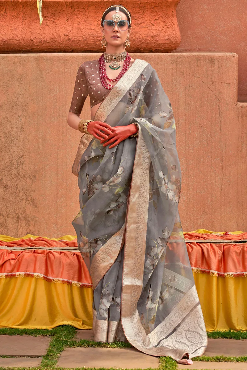 Organza Dark Grey Saree with Copper Floral Accents Organza Dark Grey Saree with Copper Floral Accents