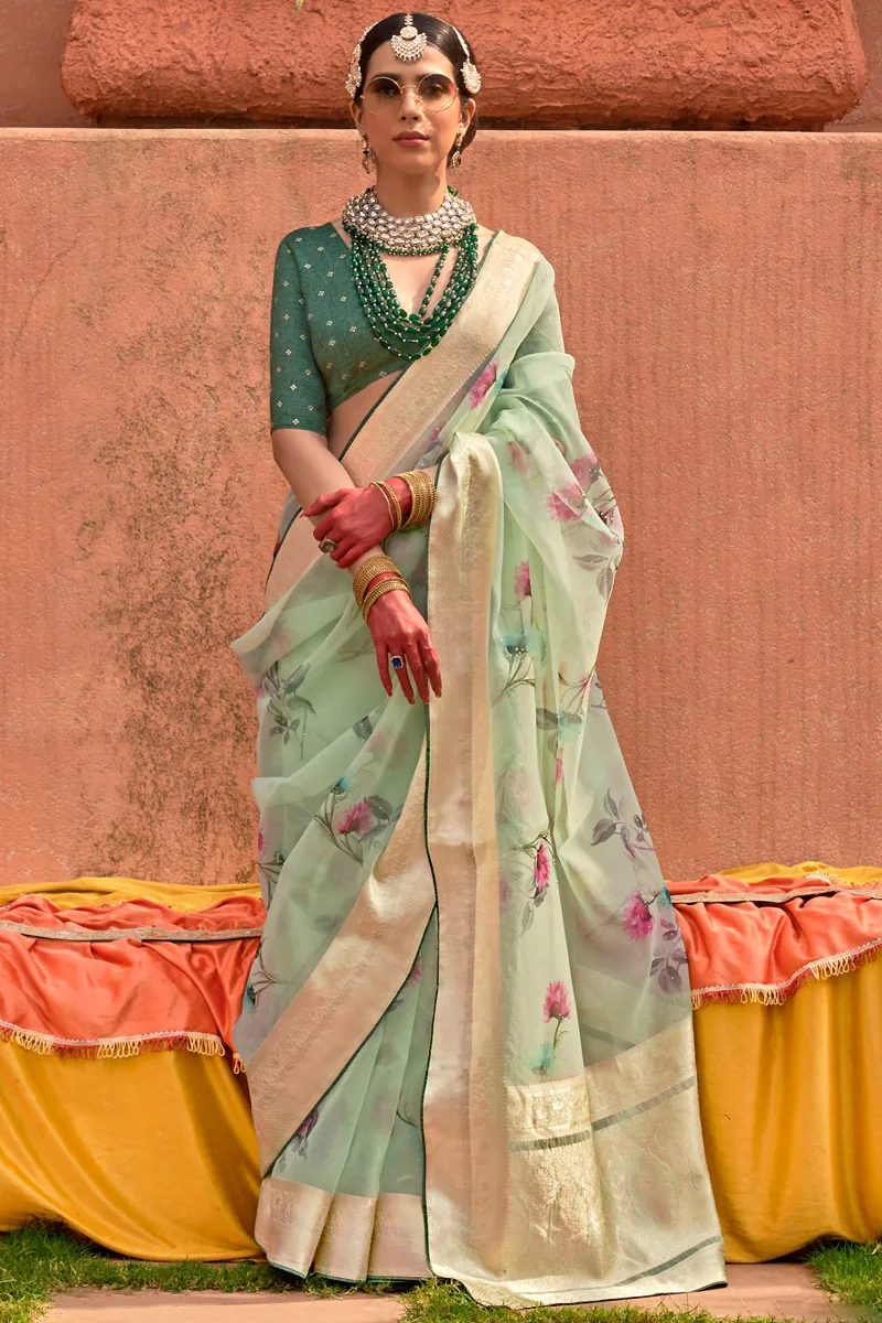 Organza Dusty Green Saree with Green Blouse Organza Dusty Green Saree with Green Blouse