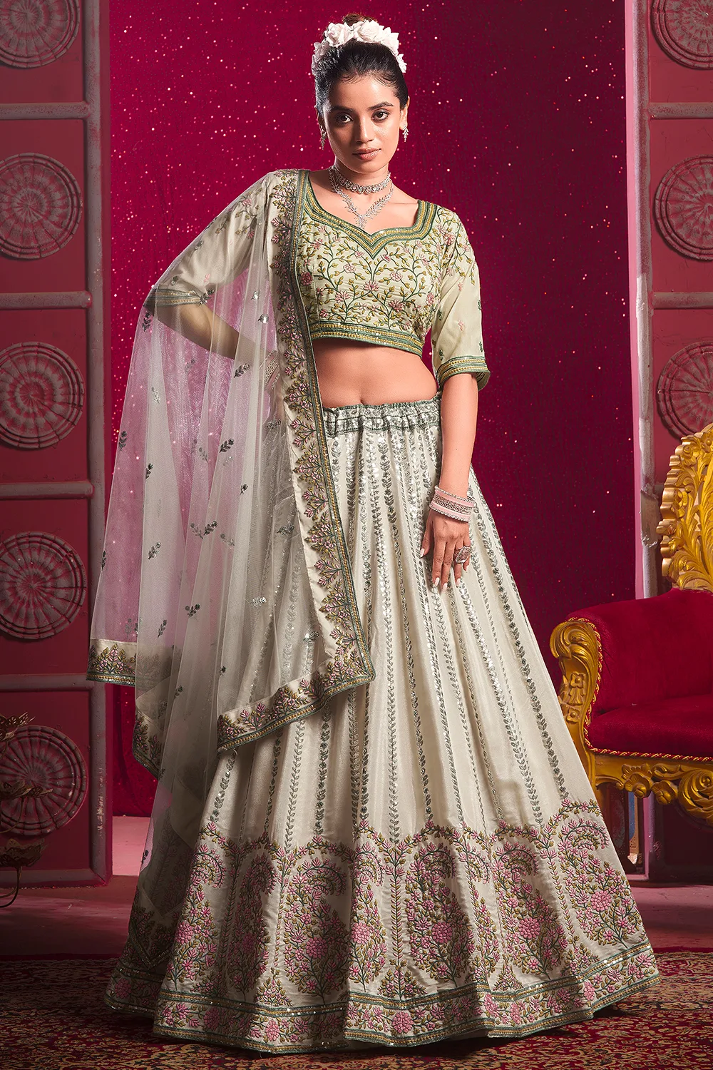 Cream Bridal Lehenga Set with Premium Sequence and Embroidery Work Cream Bridal Lehenga Set with Premium Sequence and Embroidery Work
