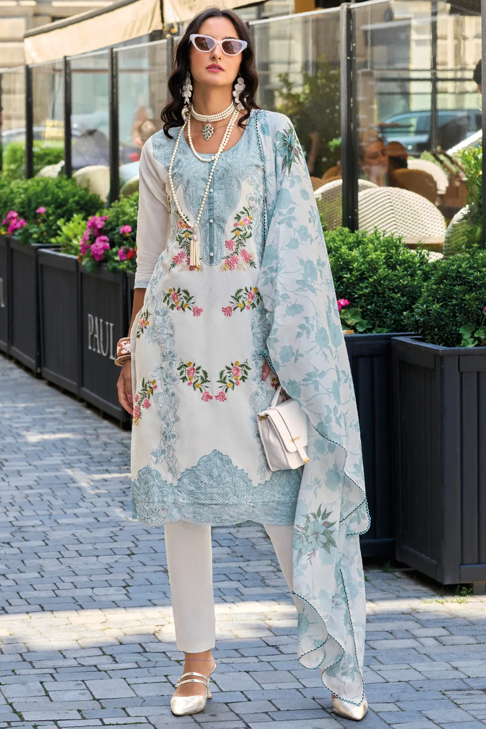 Sky Blue Embroidered Cotton Salwar Suit with Digital Print Dupatta Sky Blue Embroidered Cotton Salwar Suit with Digital Print Dupatta