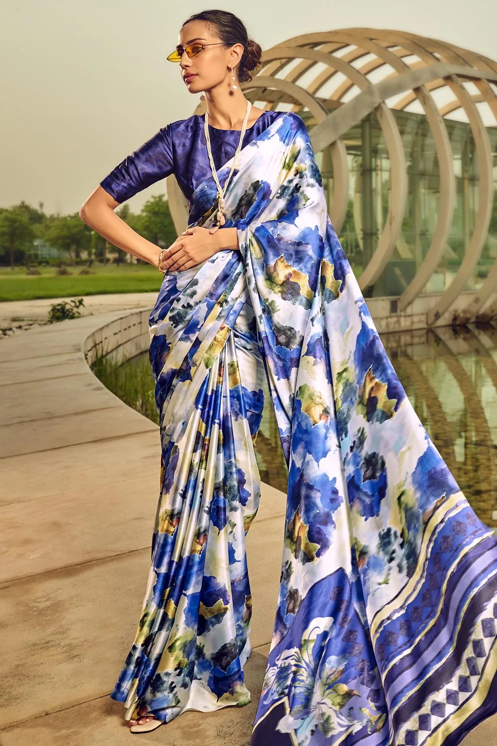 Blue Satin Crepe Saree With Digital Print Blue Satin Crepe Saree With Digital Print