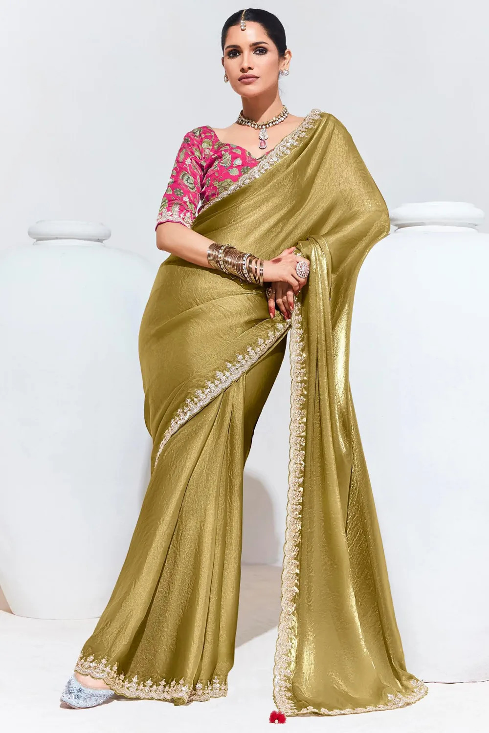 Radiant Golden Organza Saree with Pink Floral Fancy Blouse Radiant Golden Organza Saree with Pink Floral Fancy Blouse