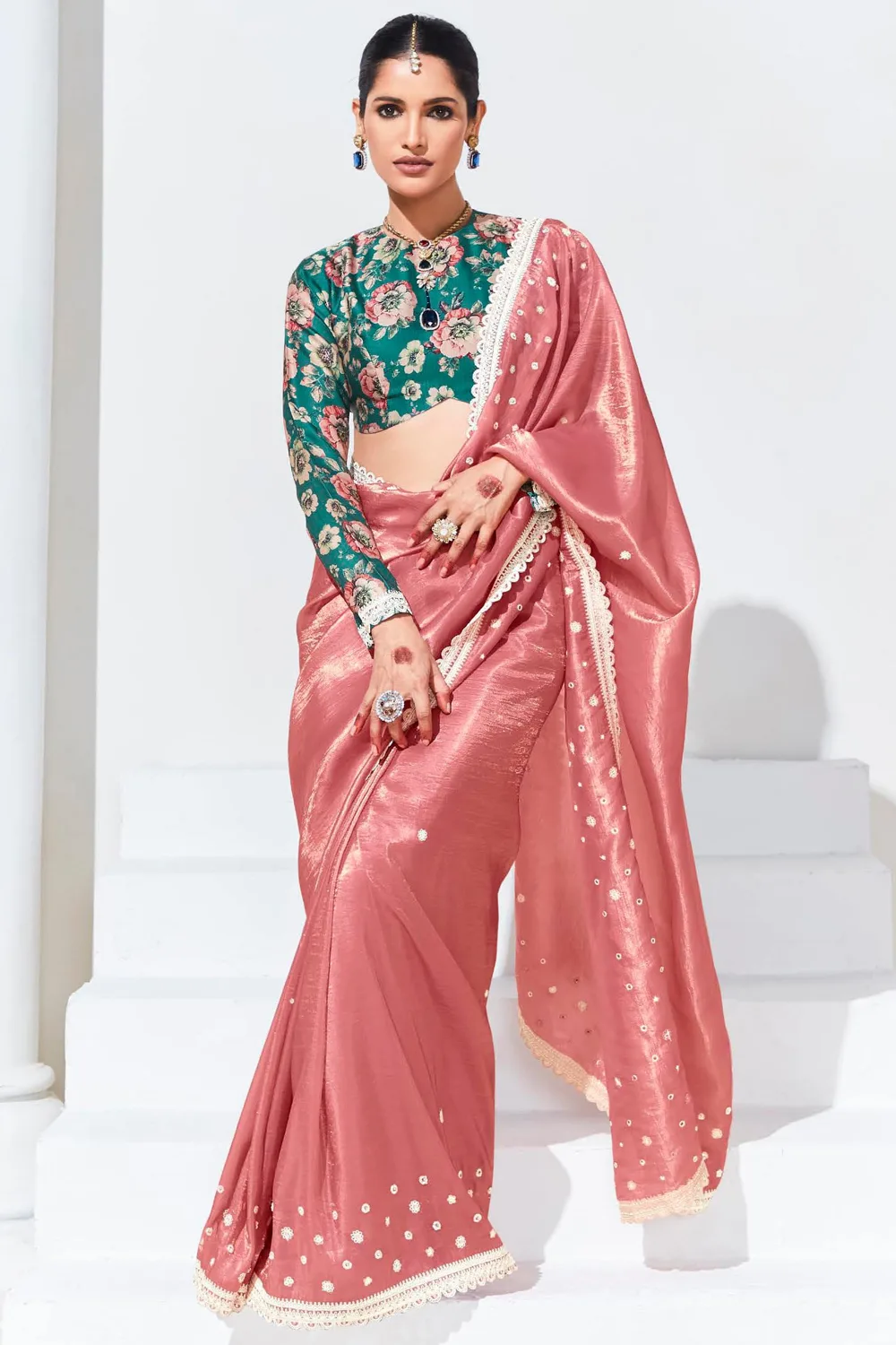 Charming Pink Organza Saree with Teal Fancy Blouse Charming Pink Organza Saree with Teal Fancy Blouse