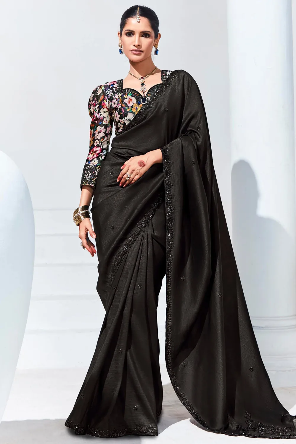 Elegant Black Organza Saree with Floral Fancy Blouse Elegant Black Organza Saree with Floral Fancy Blouse