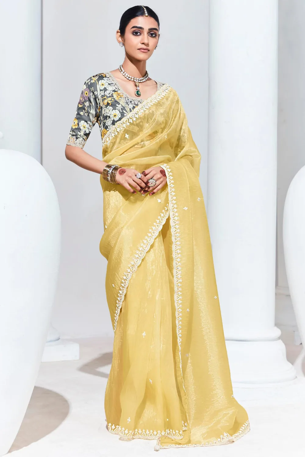Luminous Golden Organza Saree with Grey Floral Fancy Blouse Luminous Golden Organza Saree with Grey Floral Fancy Blouse