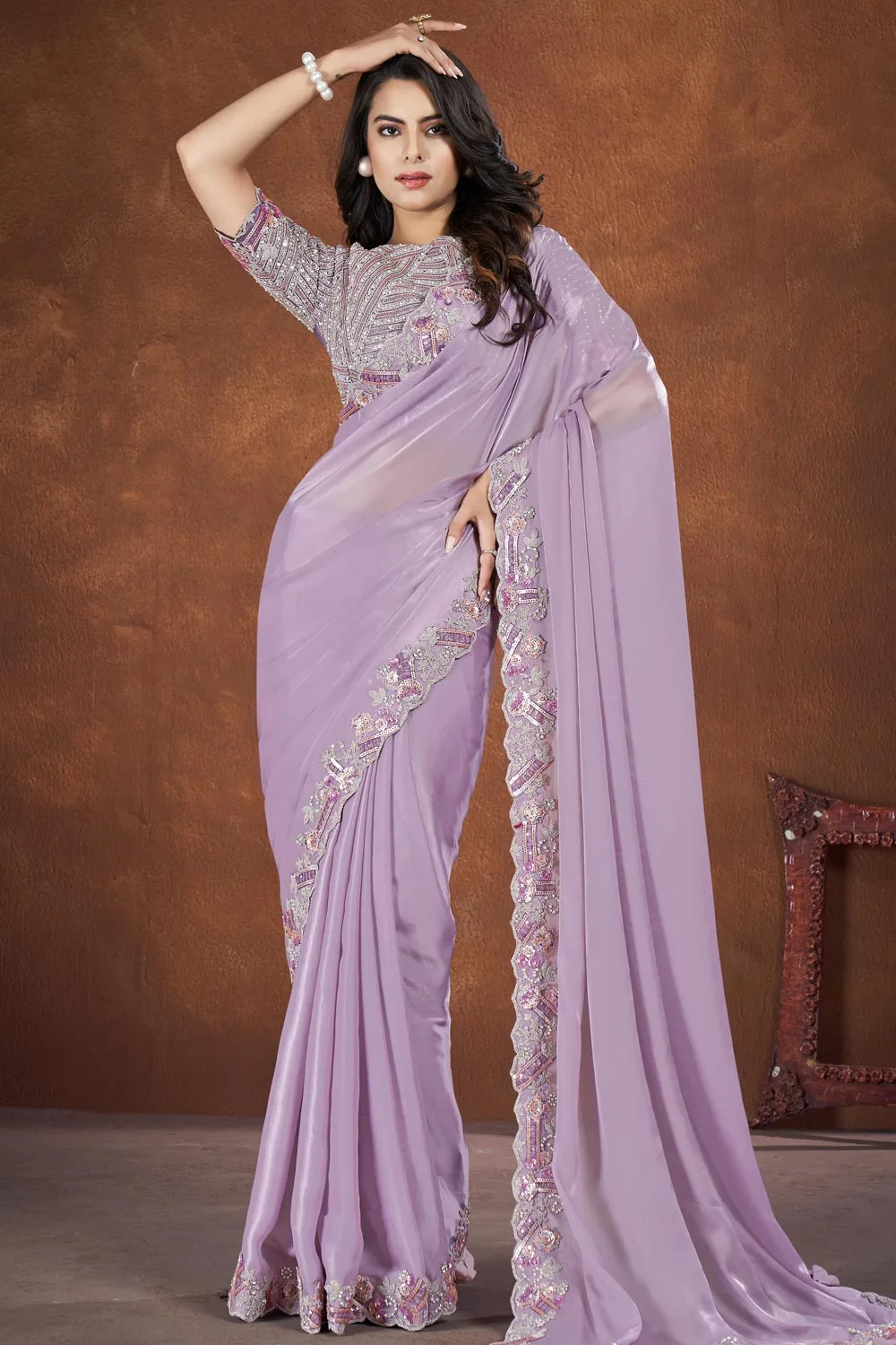 Light Purple – Colored Crepe Satin Silk Fancy Saree with Thread Sequence and Zari Work Light Purple – Colored Crepe Satin Silk Fancy Saree with Thread Sequence and Zari Work