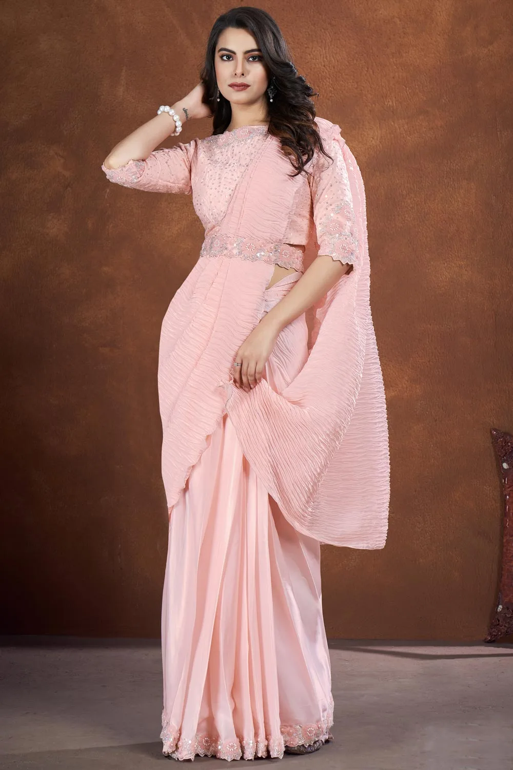 Light Pink – Colored Crepe Satin Silk Fancy Saree with Thread and Stone & Moti Work Light Pink – Colored Crepe Satin Silk Fancy Saree with Thread and Stone & Moti Work