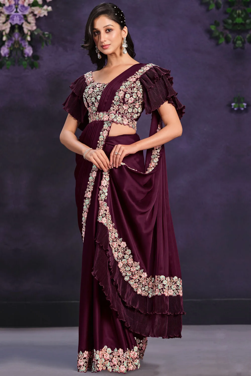 Exquisite Wine Crepe Satin Silk Indo-Western Designer Saree: Thread, Sequence, Stones & Moti Work with Belt Exquisite Wine Crepe Satin Silk Indo-Western Designer Saree: Thread, Sequence, Stones & Moti Work with Belt