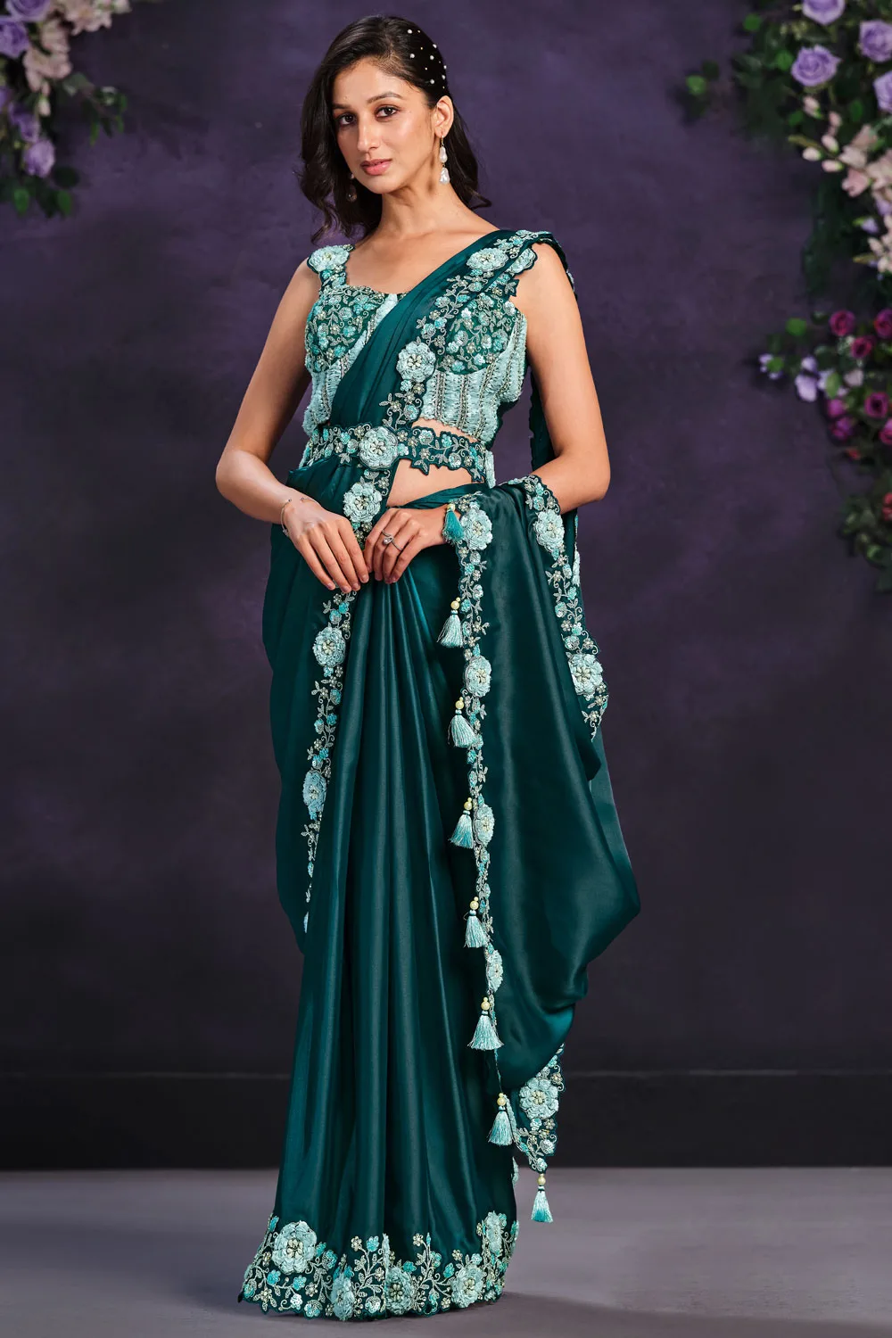 Elegant Teal Crepe Satin Silk Saree with Malai Satin Blouse: Cord, Sequence, Thread, Stone & Moti Work Elegant Teal Crepe Satin Silk Saree with Malai Satin Blouse: Cord, Sequence, Thread, Stone & Moti Work