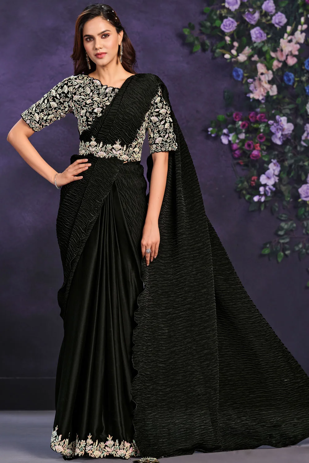 Timeless Black Crepe Satin Saree with Satin Silk Blouse: Cord, Sequence, Thread, Stone & Moti Work Timeless Black Crepe Satin Saree with Satin Silk Blouse: Cord, Sequence, Thread, Stone & Moti Work