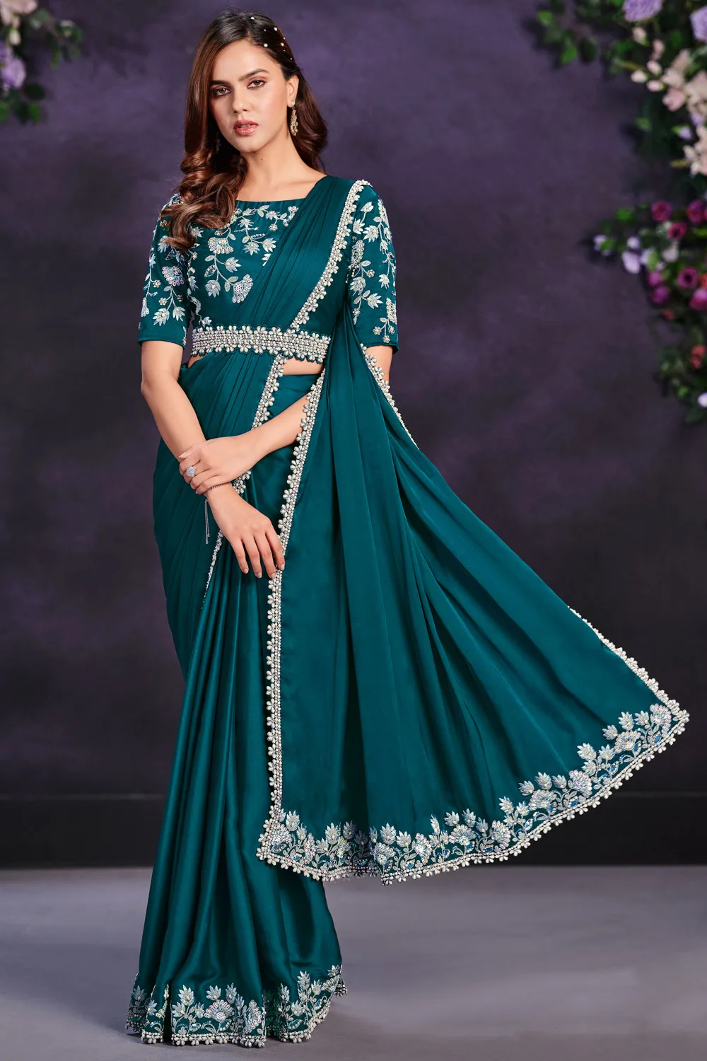 Elegant Teal Blue Crepe Satin Saree with Satin Silk Blouse: Cord, Sequence, Thread, Stone & Moti Work Elegant Teal Blue Crepe Satin Saree with Satin Silk Blouse: Cord, Sequence, Thread, Stone & Moti Work