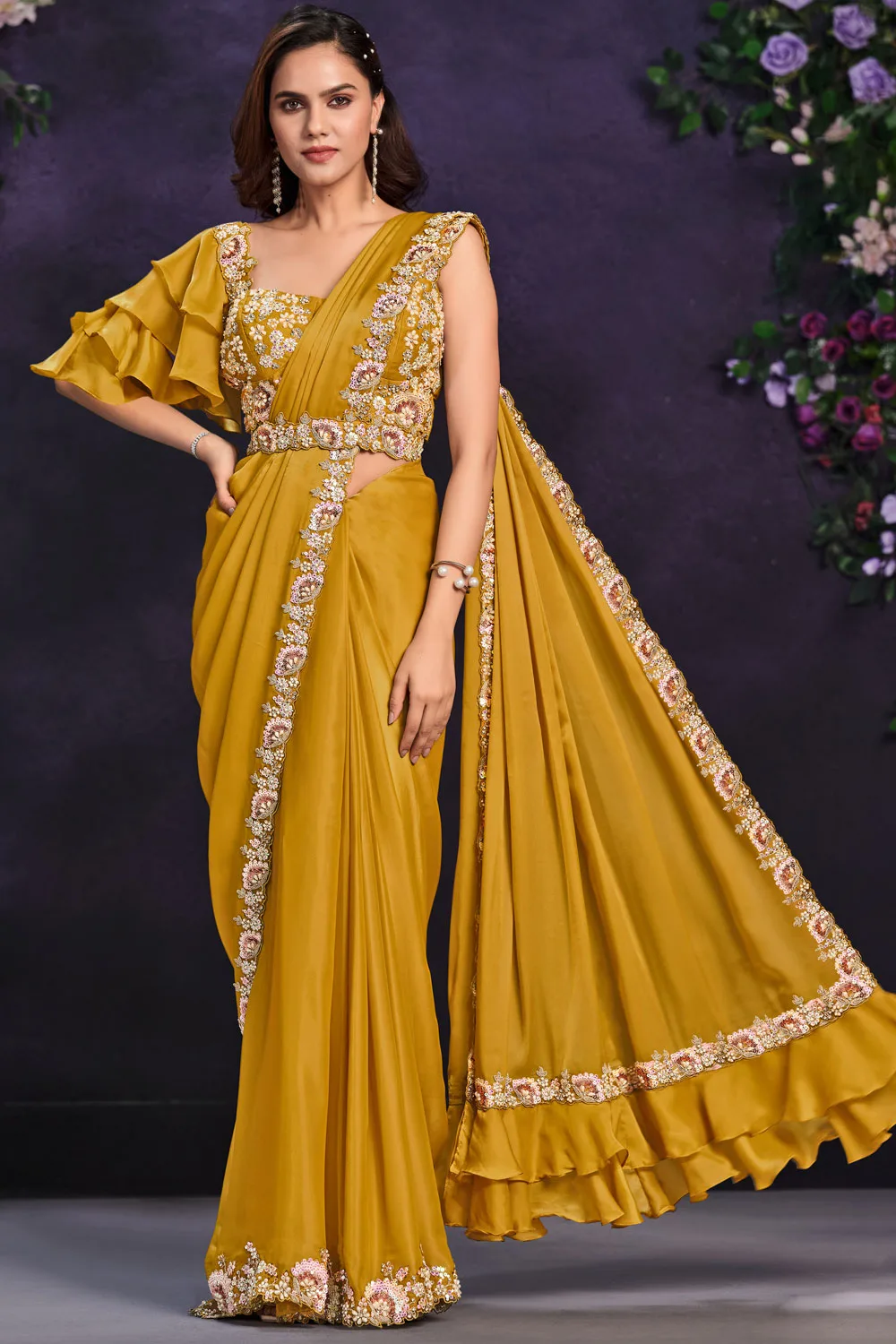 Radiant Yellow Crepe Satin Saree with Satin Silk Blouse: Cord, Sequence, Thread, Stone & Moti Work Radiant Yellow Crepe Satin Saree with Satin Silk Blouse: Cord, Sequence, Thread, Stone & Moti Work