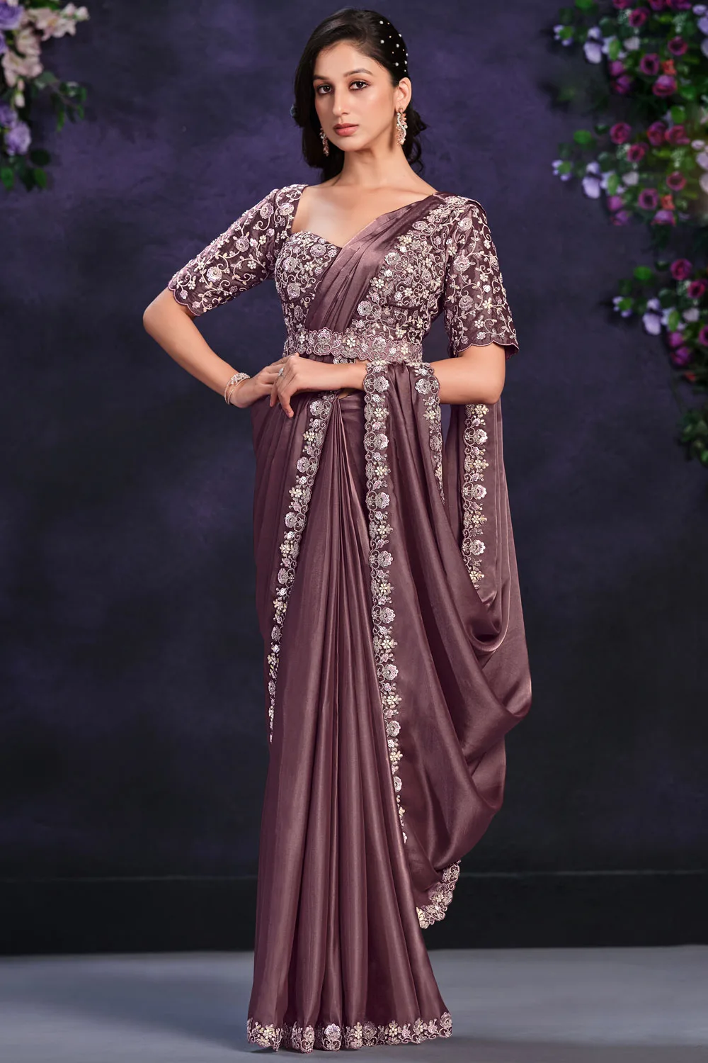 Exquisite Dirty Purple Crepe Satin Saree with Satin Silk Blouse: Cord, Sequence, Thread, Stone & Moti Work Exquisite Dirty Purple Crepe Satin Saree with Satin Silk Blouse: Cord, Sequence, Thread, Stone & Moti Work