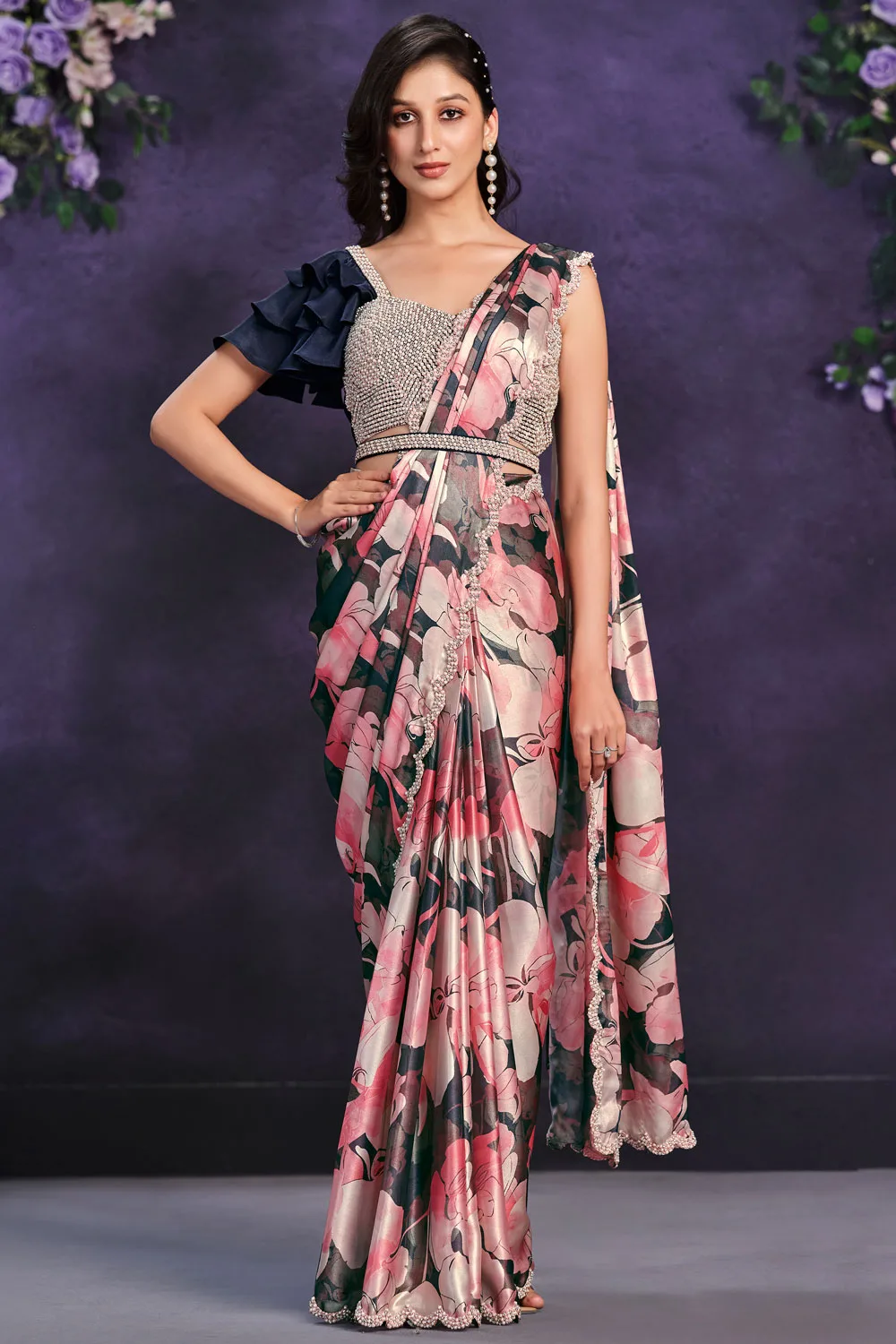 Enchanting Pink Crepe Satin Saree with Satin Silk Blouse: Cord, Sequence, Thread, Stone & Moti Work Enchanting Pink Crepe Satin Saree with Satin Silk Blouse: Cord, Sequence, Thread, Stone & Moti Work