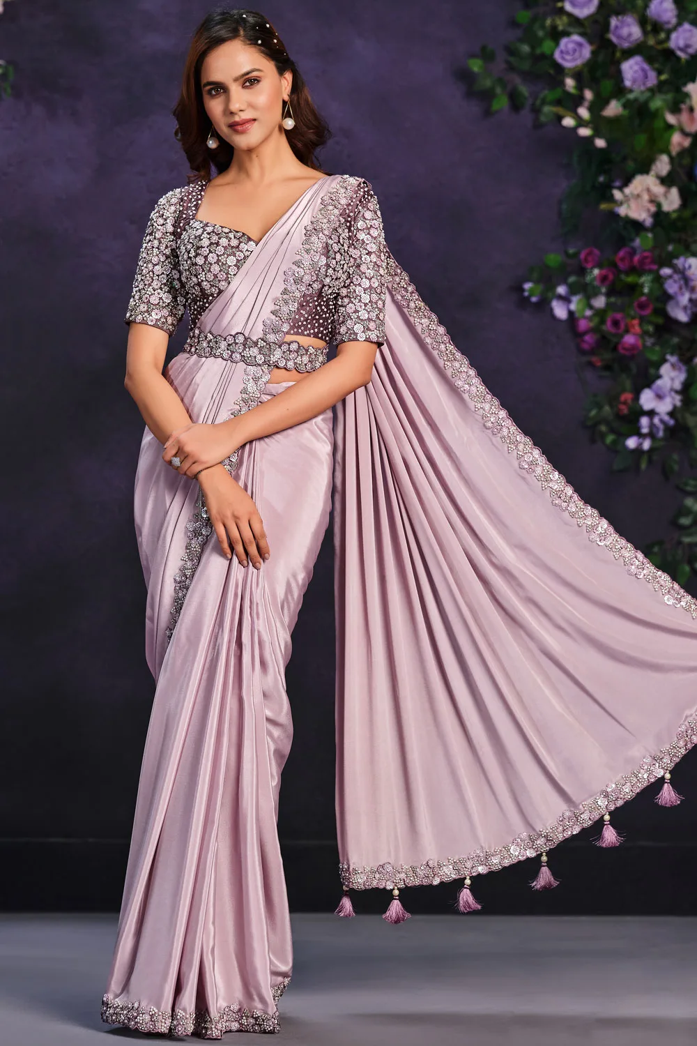 Elegant Light Pink Crepe Georgette Saree with Satin Silk Blouse: Cord, Sequence, Thread, Stone & Moti Work Elegant Light Pink Crepe Georgette Saree with Satin Silk Blouse: Cord, Sequence, Thread, Stone & Moti Work
