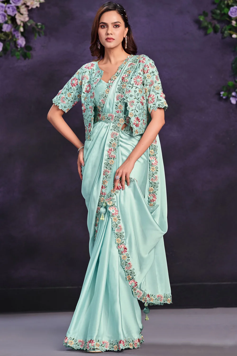 Enchanting Aqua Blue Crepe Satin Saree with Satin Silk Blouse: Cord, Sequence, Thread, Stone & Moti Work Enchanting Aqua Blue Crepe Satin Saree with Satin Silk Blouse: Cord, Sequence, Thread, Stone & Moti Work