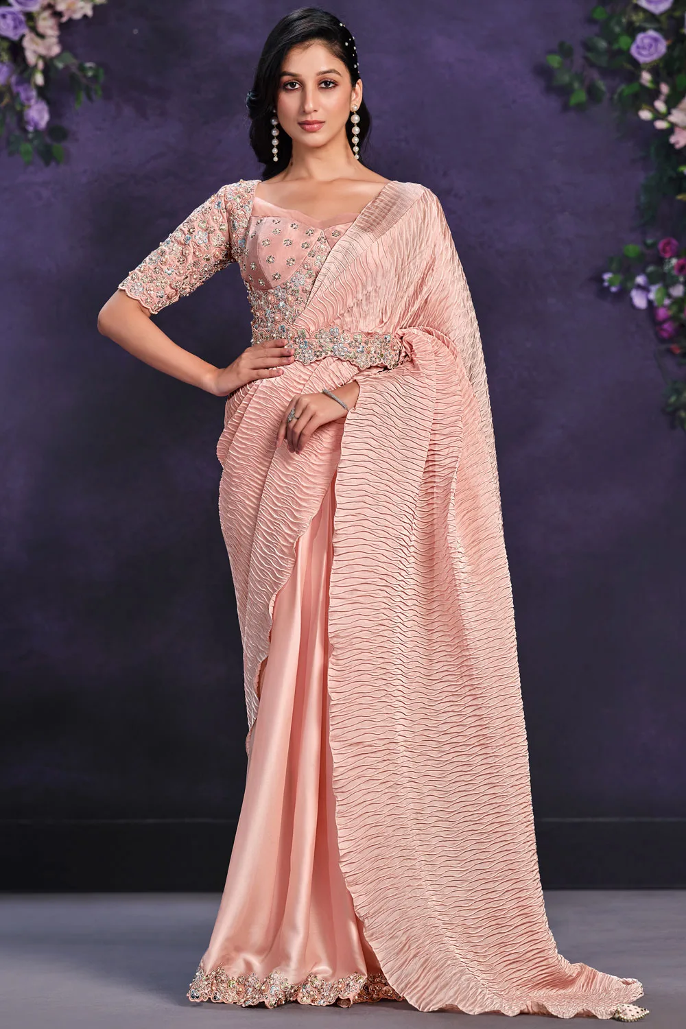 Radiant Peach Crepe Satin Saree with Satin Silk Blouse: Cord, Sequence, Thread, Stone & Moti Work Radiant Peach Crepe Satin Saree with Satin Silk Blouse: Cord, Sequence, Thread, Stone & Moti Work