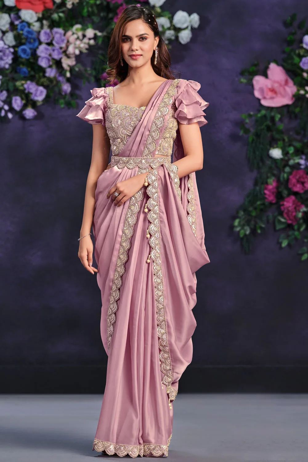 Blushing Pink Crepe Satin Saree with Satin Silk Blouse: Cord, Sequence, Thread, Stone & Moti Work Blushing Pink Crepe Satin Saree with Satin Silk Blouse: Cord, Sequence, Thread, Stone & Moti Work