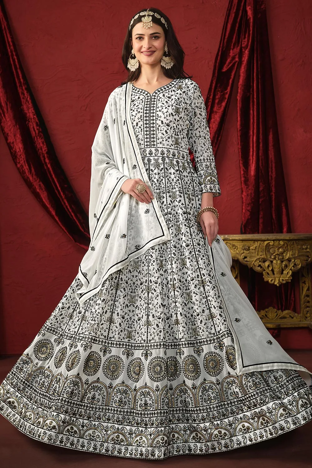 White Faux Georgette Anarkali Suit Set with Santool Bottom & Dupatta White Faux Georgette Anarkali Suit Set with Santool Bottom & Dupatta