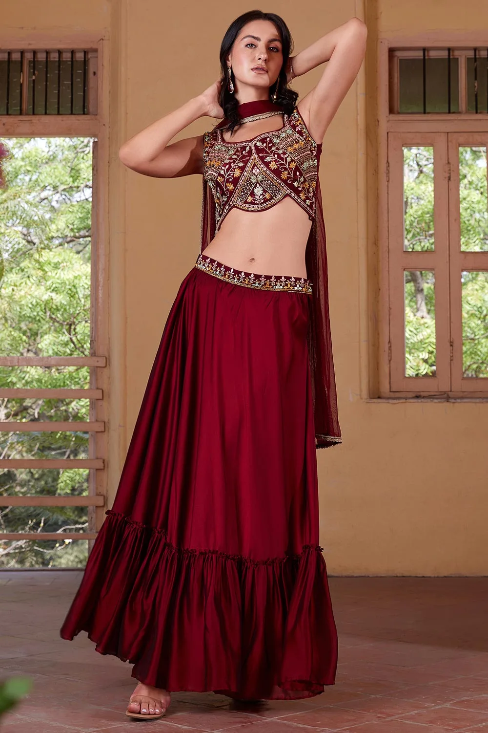 Maroon Indo-Western Lehenga