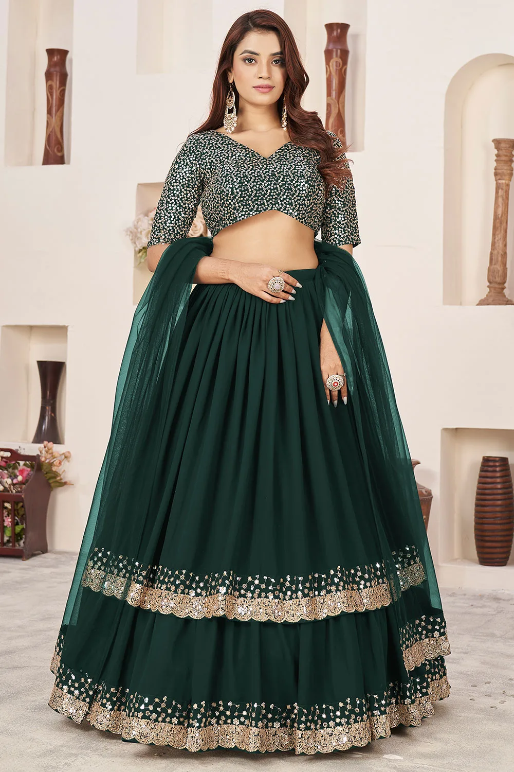 Glamorous Green Georgette Lehenga Set with Sequins Zari Embroidery Glamorous Green Georgette Lehenga Set with Sequins Zari Embroidery