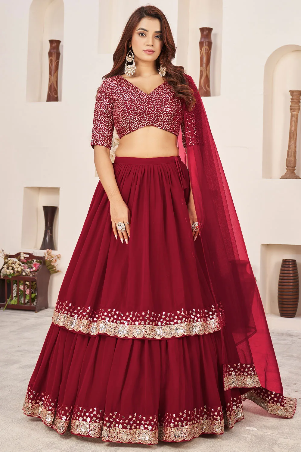 Stunning Red Georgette Lehenga Set with Sequins Zari Embroidery Stunning Red Georgette Lehenga Set with Sequins Zari Embroidery