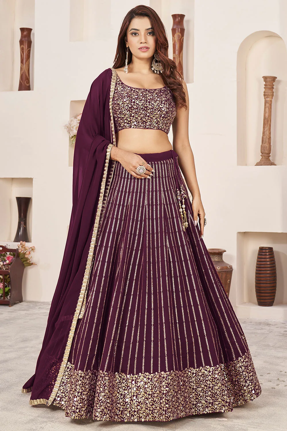 Majestic Maroon Georgette Lehenga Set with Sequins Zari Embroidery Majestic Maroon Georgette Lehenga Set with Sequins Zari Embroidery