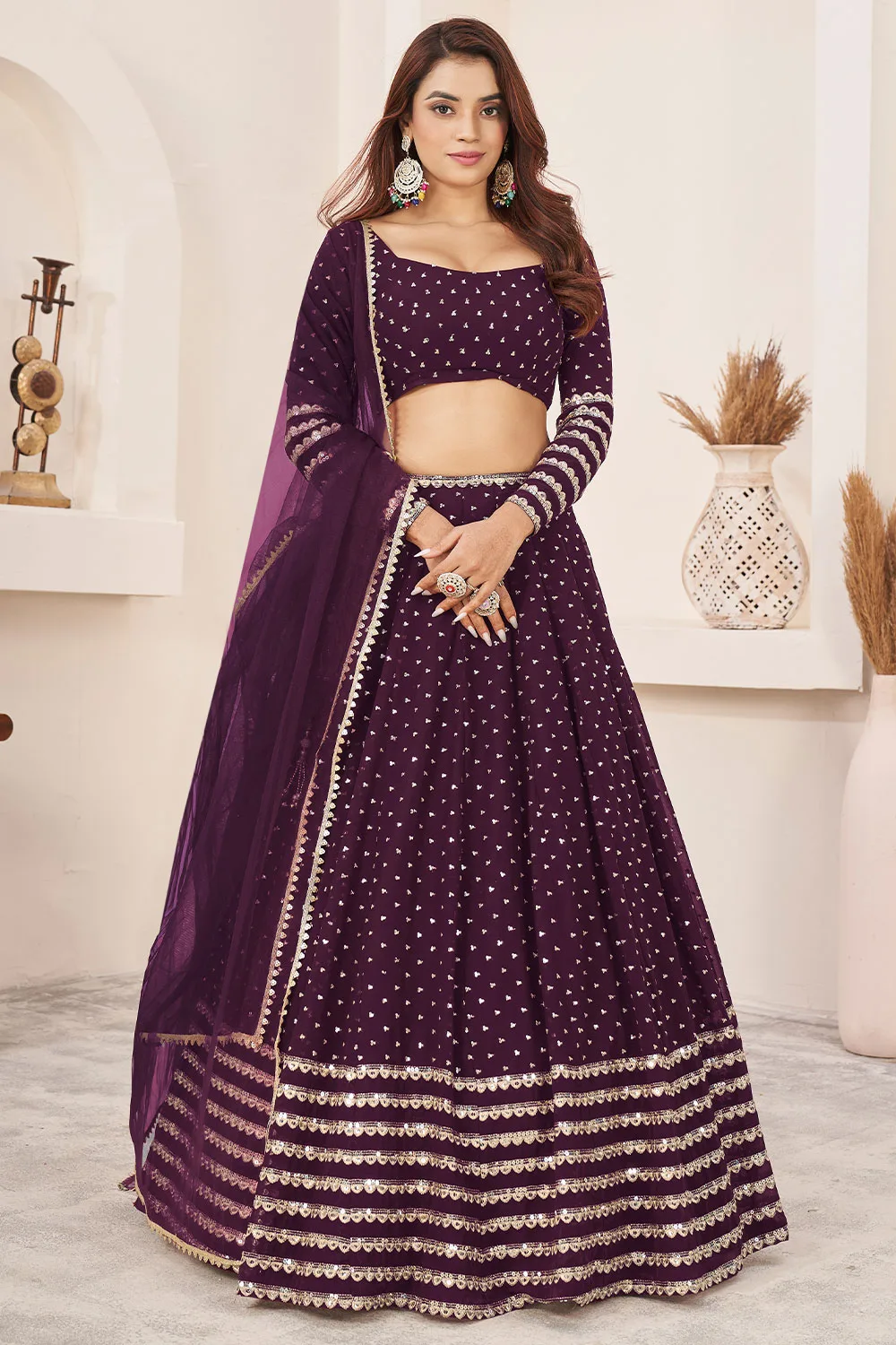 Divine Wine Georgette Lehenga Set with Sequins Zari Embroidery Divine Wine Georgette Lehenga Set with Sequins Zari Embroidery