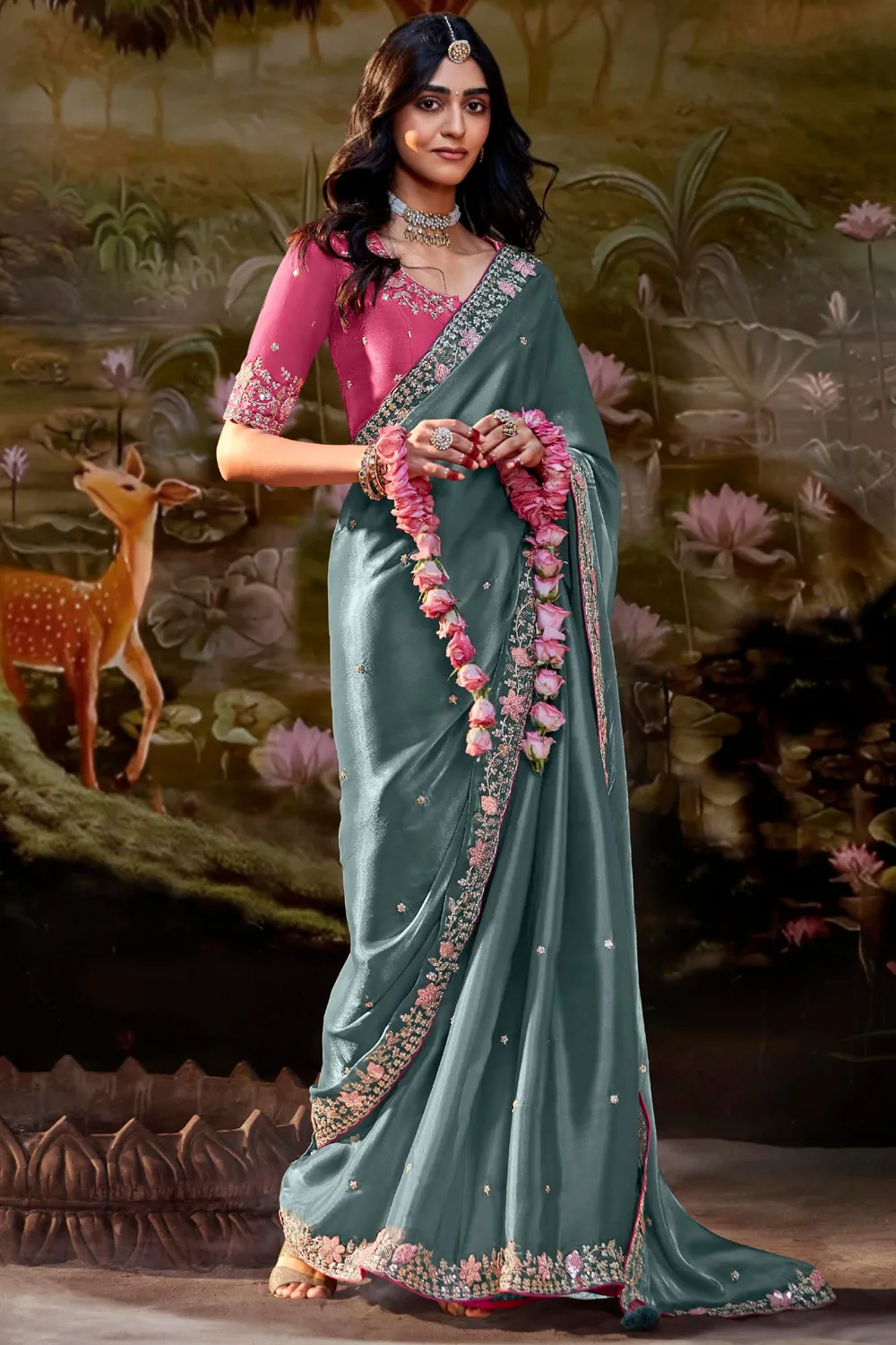 Sophisticated Grey Fancy Fabric Party Wear Saree Set Sophisticated Grey Fancy Fabric Party Wear Saree Set