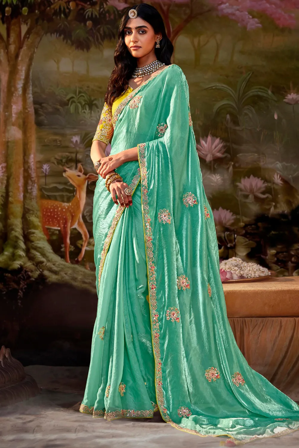 Enchanting Green Fancy Fabric Party Wear Saree Set Enchanting Green Fancy Fabric Party Wear Saree Set
