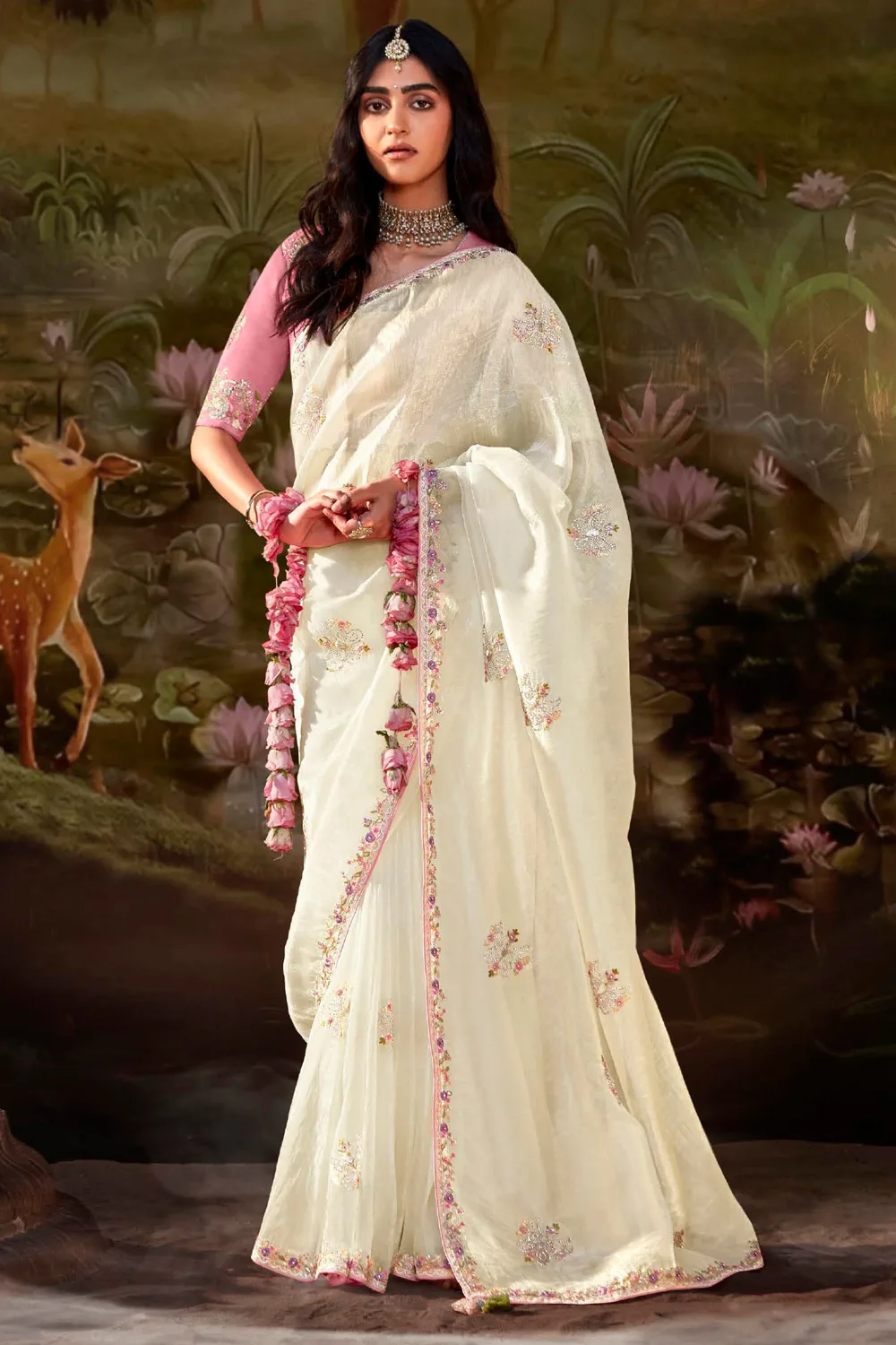 Graceful Off-White Fancy Fabric Party Wear Saree Set Graceful Off-White Fancy Fabric Party Wear Saree Set