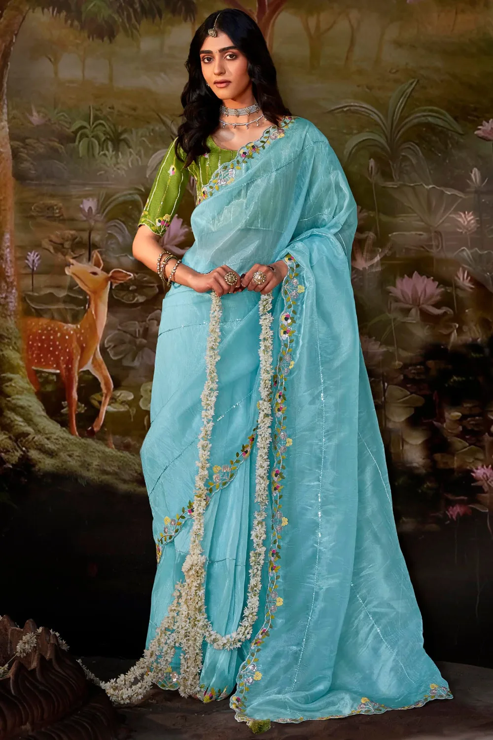 Serene Sky Blue Fancy Fabric Party Wear Saree Set Serene Sky Blue Fancy Fabric Party Wear Saree Set