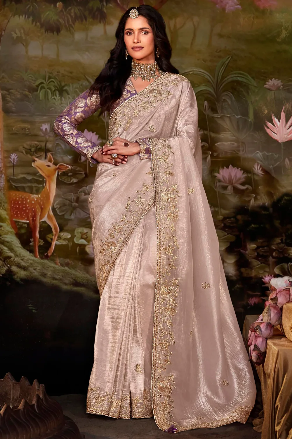 Luxurious Cream Fancy Fabric Party Wear Saree Set Luxurious Cream Fancy Fabric Party Wear Saree Set