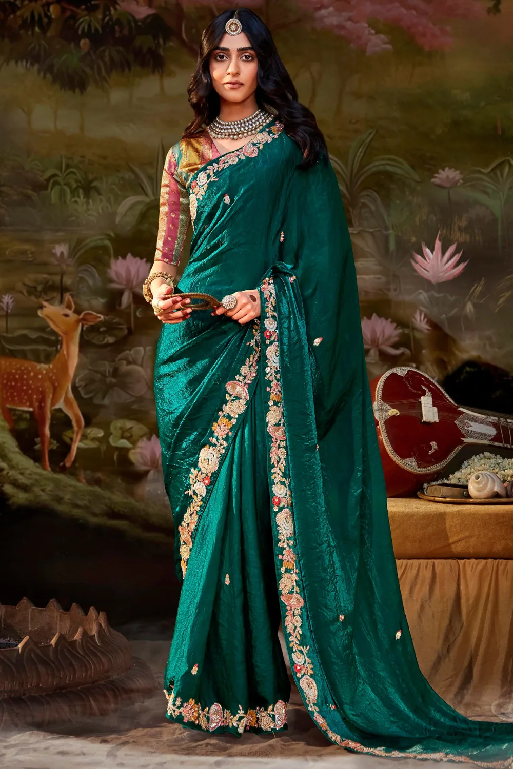 Majestic Deep Green Fancy Fabric Party Wear Saree Set Majestic Deep Green Fancy Fabric Party Wear Saree Set