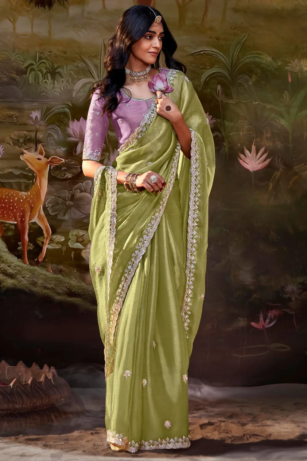 Serene Light Green Fancy Fabric Party Wear Saree Set Serene Light Green Fancy Fabric Party Wear Saree Set